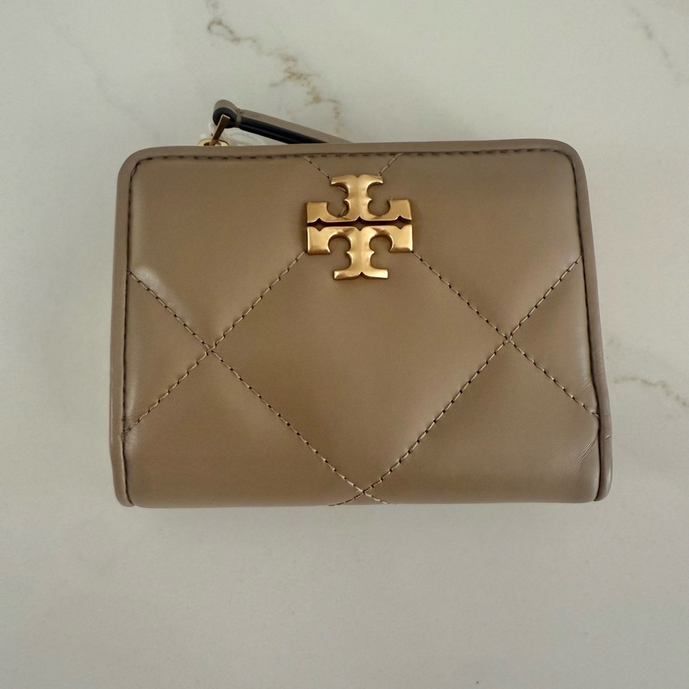 Tory Burch Taupe Quilted Wallet with Gold Emblem